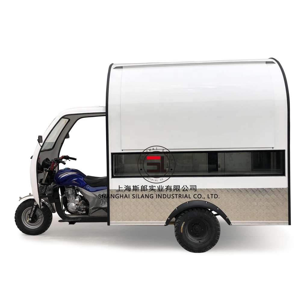 shanghai silang best quality petrol fast food cart, gas-oline driven tricycle mobile snack truck for sale