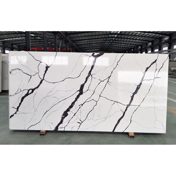 SHIHUI Artificial Quartz Slabs White Color With Purple Veins Calacatta White Quartz Stone For Countertops