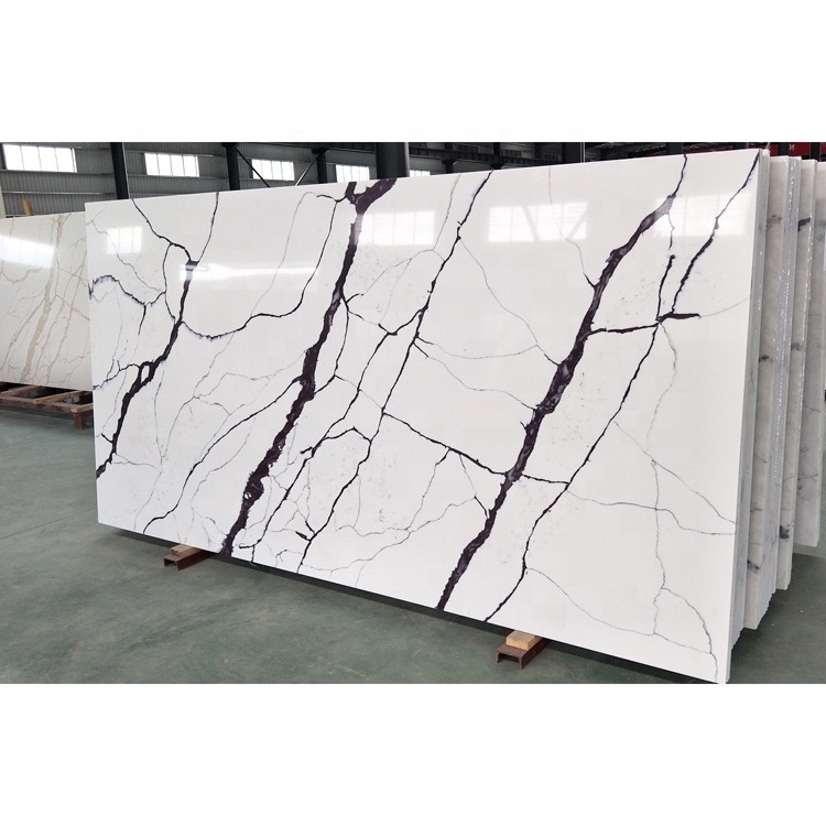 SHIHUI Hot Sale Artificial Quartz Slabs White Color With Purple Veins Calacatta White Quartz Stone For Kitchen Countertops