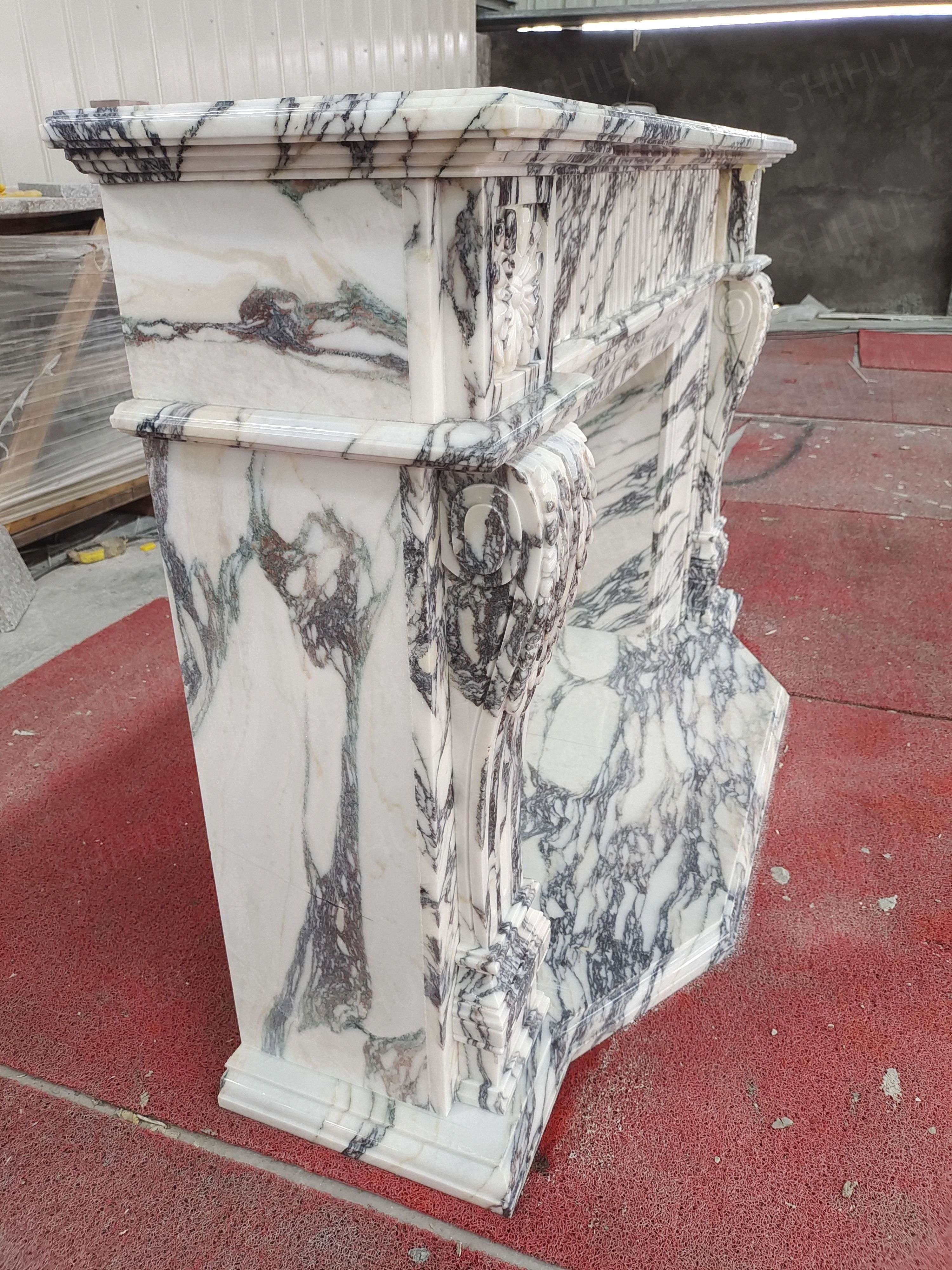 SHIHUI Natural Stone Hand Carved Indoor 3D Calacatta Viola Marble Stone Fireplace Mental With Flowers