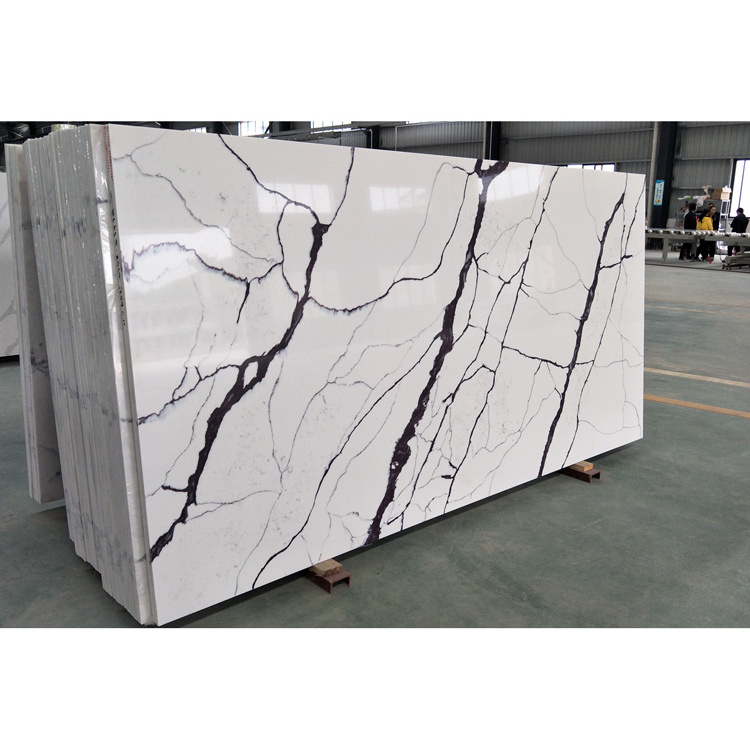 SHIHUI Artificial Quartz Slabs White Color With Purple Veins Calacatta White Quartz Stone For Countertops