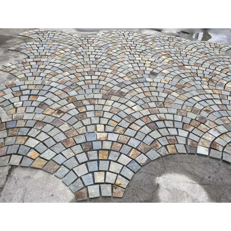 SHIHUI Natural Stone Tiger Skin Quartzite Fan Pattern Split Surface Machine Cut Bottom Paver Mats Paving Stone Cobblestone