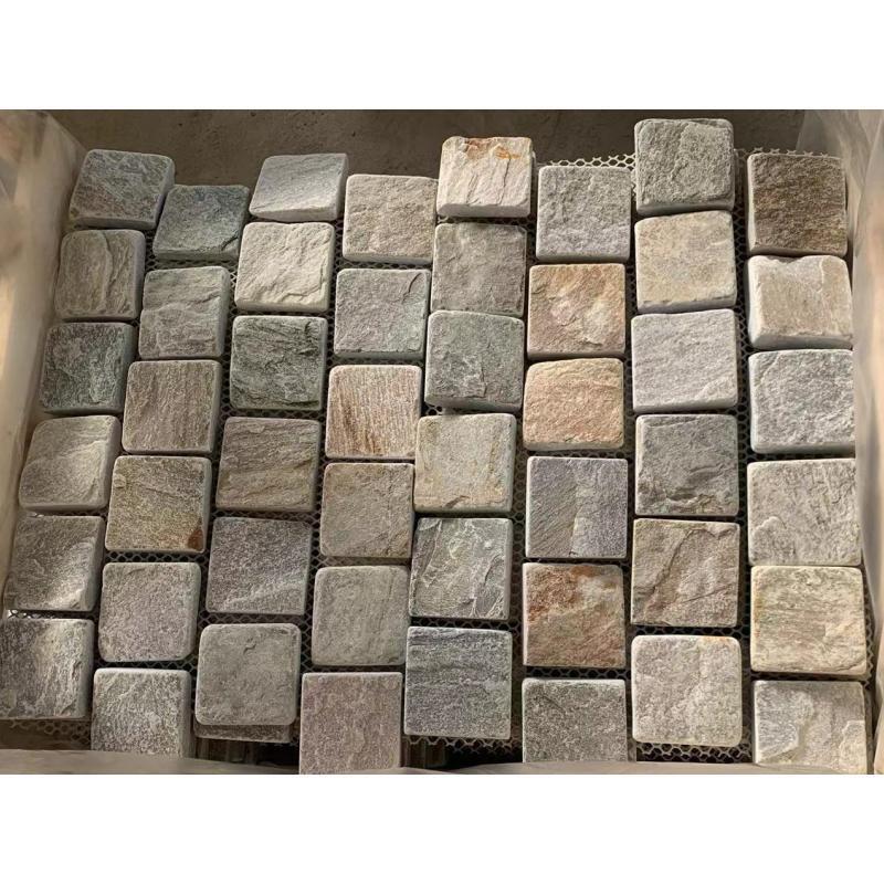 SHIHUI Rivan Oyster Gold Quartzite Cobble Cube Tumbled Natural Split Surface Driveway Patio Paving Stone Mesh Pavers Cobblestone