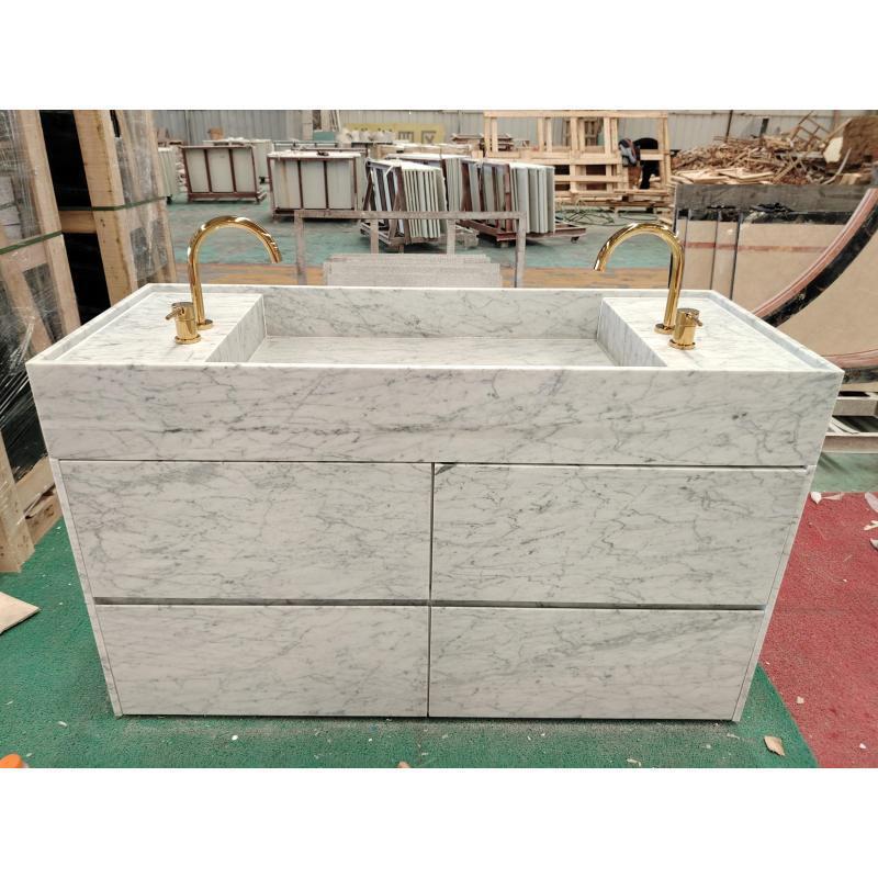 SHIHUI Natural Stone Furniture Modern Makeup Stand Bathroom Cabinet Cararra White Marble Basin Sink Vanity With Faucet