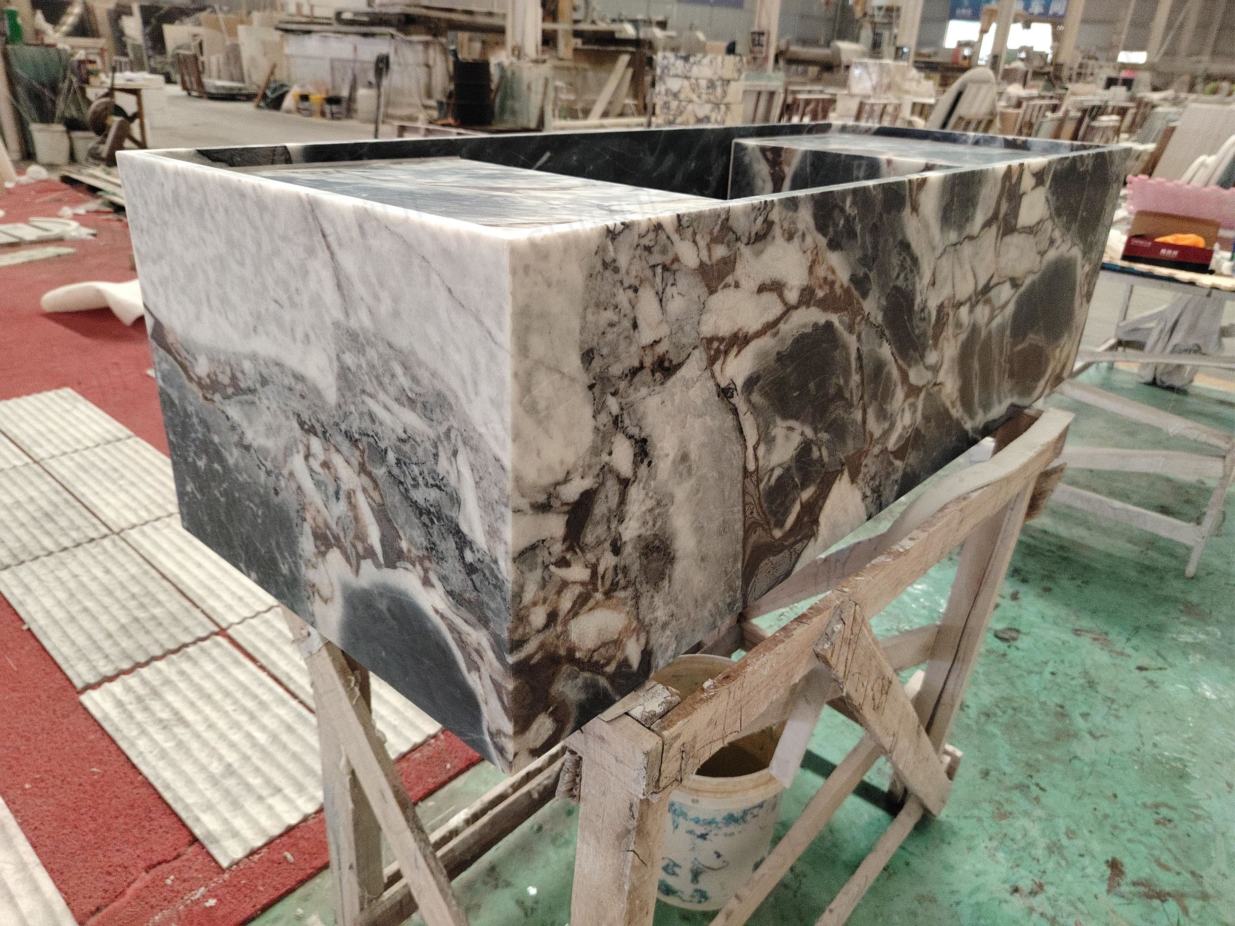 SHIHUI Customized Natural Stone Decorative Wall Mounted Vanity Sink Top Breccia Grigio Blue Marble Bathroom Single Sink