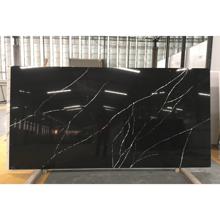 Artificial Calacatta Black Quartz With White Veins Slab For Kitchen Countertop