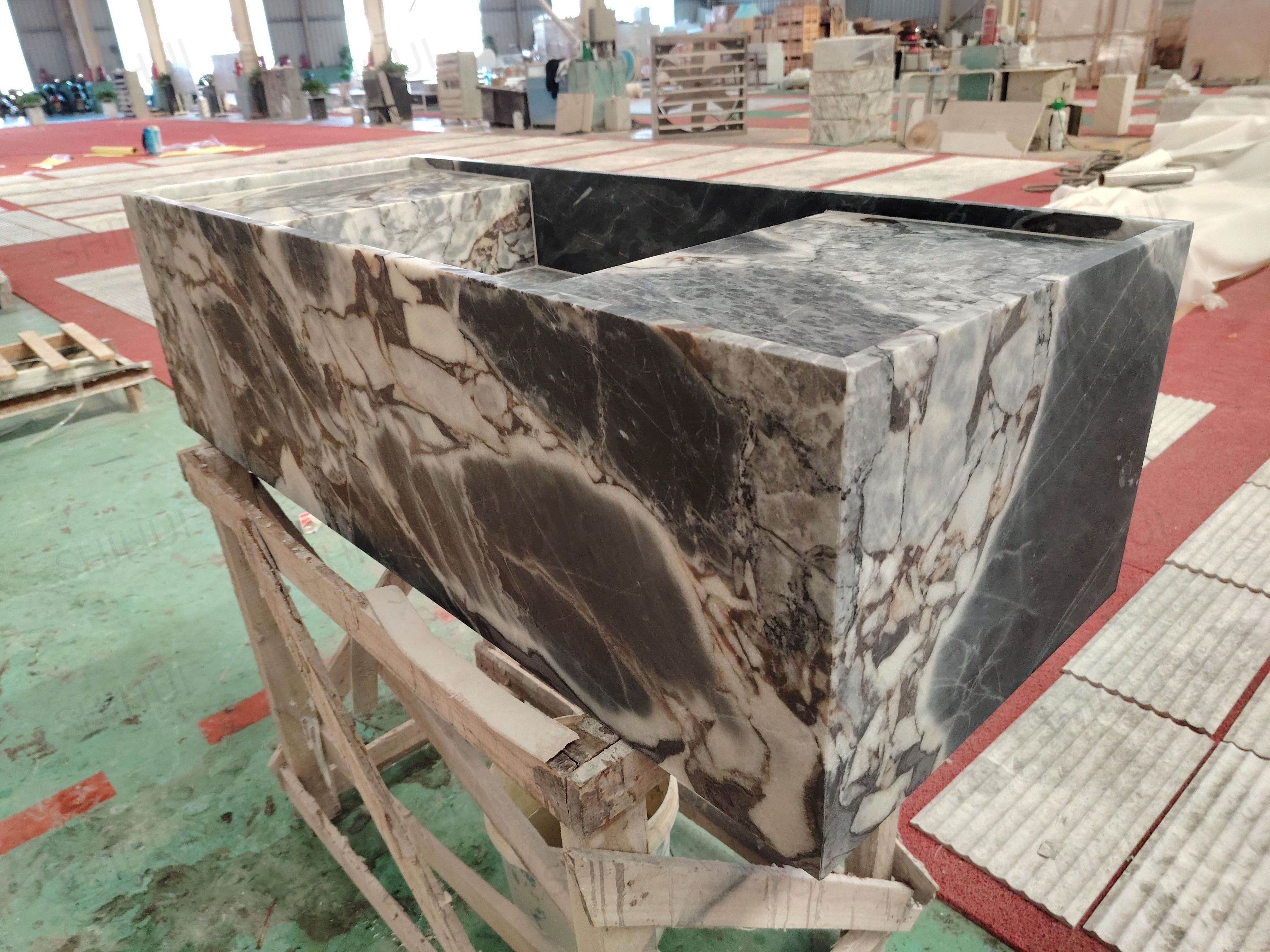 SHIHUI Customized Natural Stone Decorative Wall Mounted Vanity Sink Top Breccia Grigio Blue Marble Bathroom Single Sink