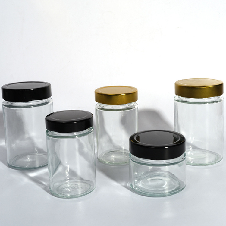 Empty Clear Round 4oz 8oz 12oz 20oz Glass Jar Food Container With Deep Metal Lid For Sauce Honey Jam Pickle