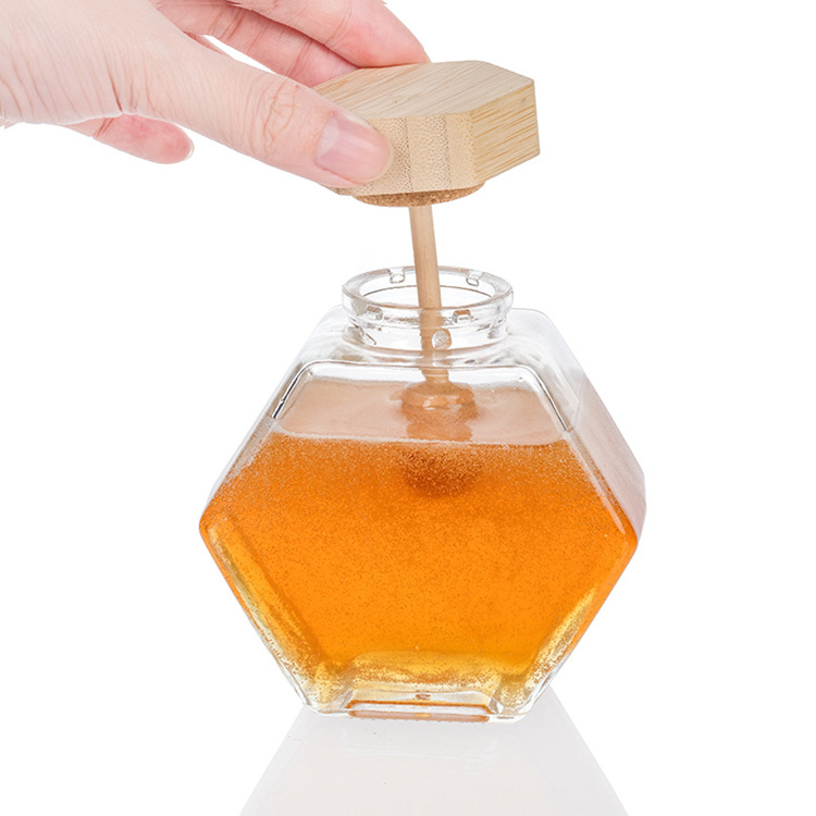 Honey Storage Pot De Miel Jar Honeycomb Shape Hexagonal Glass With Wooden Dipper And Bamboo Lid Empty 250ml 380ml Kitchen Oem