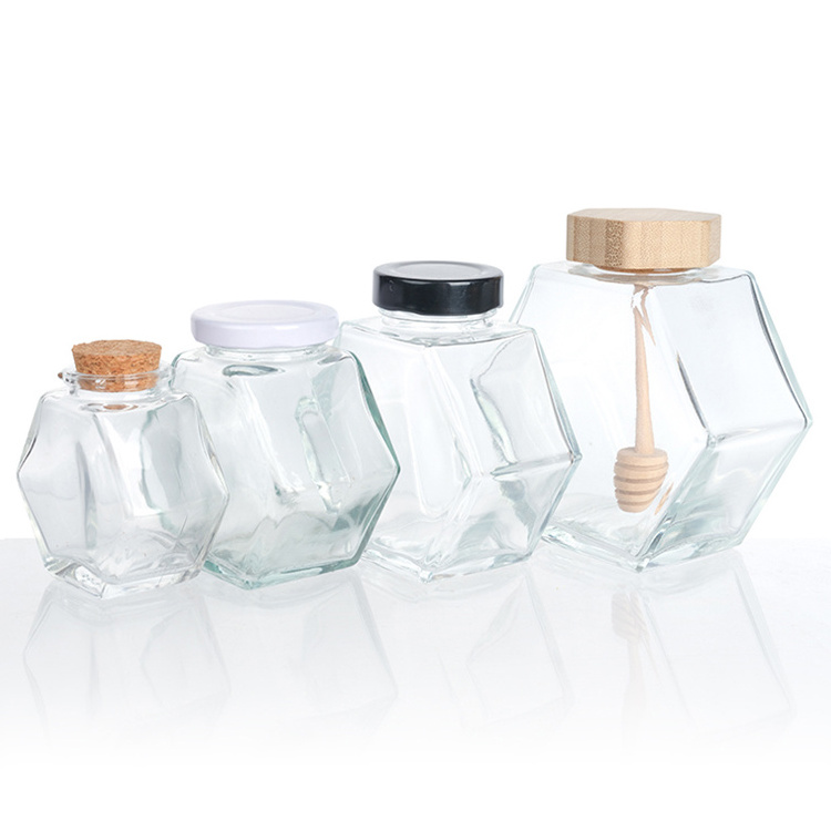 Clear Unique Cork Lid Cover Honey Syrup Beehive Storage Glass Royal Honey Containers Pot Jar With Dipper