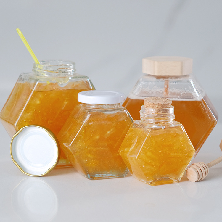 Clear Unique Cork Lid Cover Honey Syrup Beehive Storage Glass Royal Honey Containers Pot Jar With Dipper