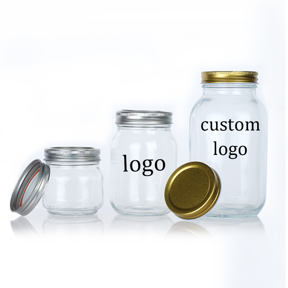 Custom 8 oz 16 oz 32 oz Empty Clear Wide Mouth Canning Food Storage Glass Mason Jar with Lids for Canning