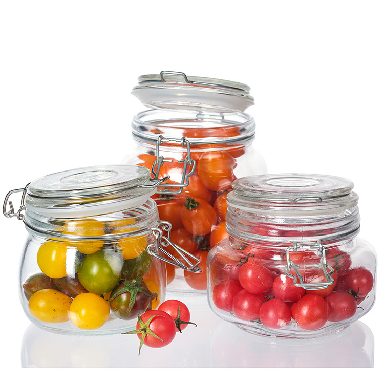 Low Moq 200Ml 300Ml 500Ml Round Cylinder Swing Top Clip Lid Glass Storage Jar For Pickle Jam Sauce