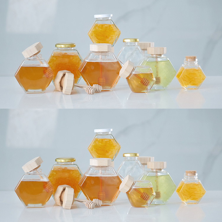 Clear Unique Cork Lid Cover Honey Syrup Beehive Storage Glass Royal Honey Containers Pot Jar With Dipper