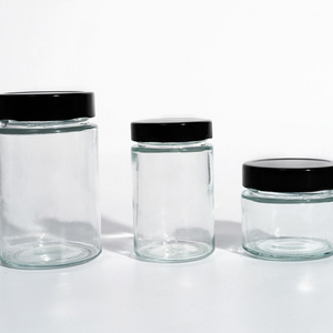 Empty Clear Round 4oz 8oz 12oz 20oz Glass Jar Food Container With Deep Metal Lid For Sauce Honey Jam Pickle