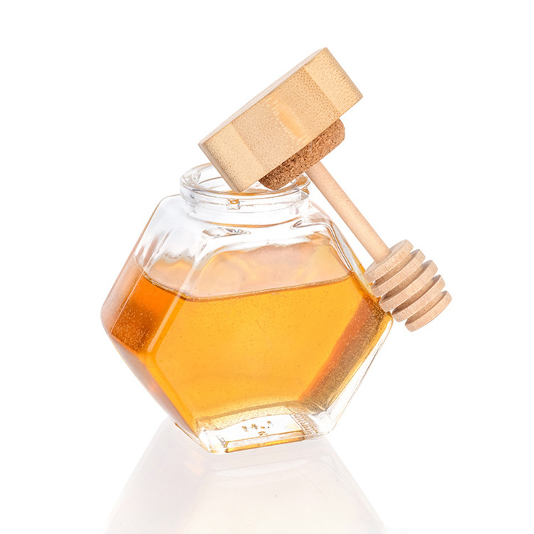 Clear Unique Cork Lid Cover Honey Syrup Beehive Storage Glass Royal Honey Containers Pot Jar With Dipper