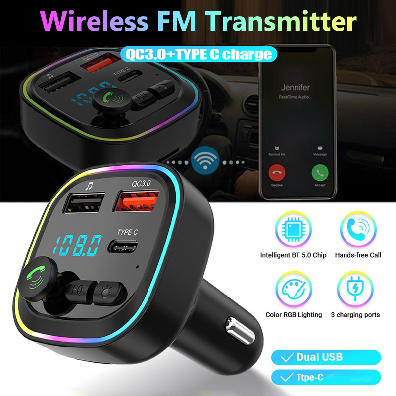 Qc3.0 Fast Charging Wireless Handsfree Car Kit Stereo Bass Fm Modulator Transmitter Car FM Transmitter Type C Car Mp3 Player