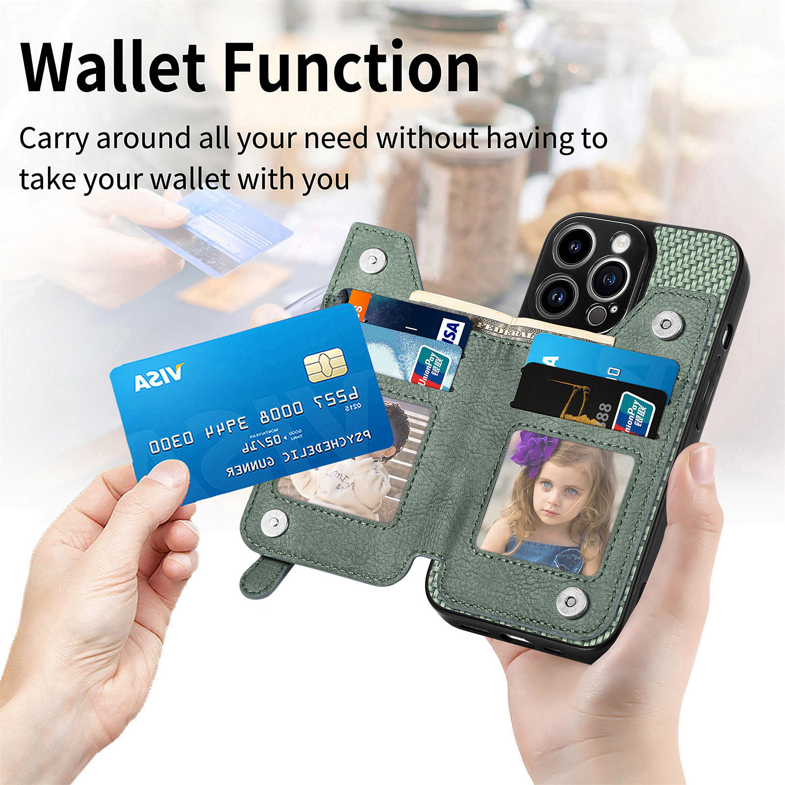 For iPhone 15 Pro Max Wallet Case with Credit Card Holder Zipper, PU Leather Magnetic Clasp Flip Folio Stand Cover For iPhone 15