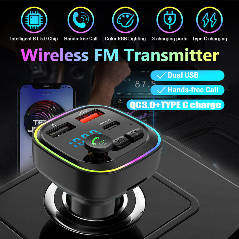 Qc3.0 Fast Charging Wireless Handsfree Car Kit Stereo Bass Fm Modulator Transmitter Car FM Transmitter Type C Car Mp3 Player