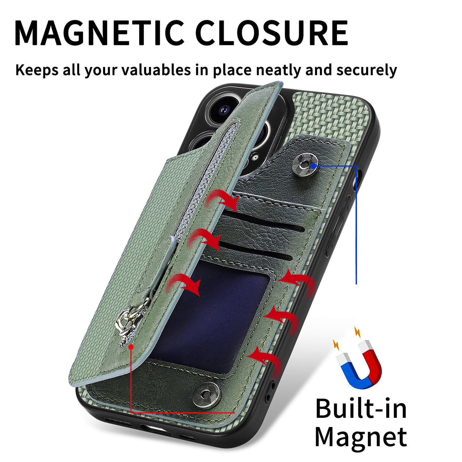 For iPhone 15 Pro Max Wallet Case with Credit Card Holder Zipper, PU Leather Magnetic Clasp Flip Folio Stand Cover For iPhone 15