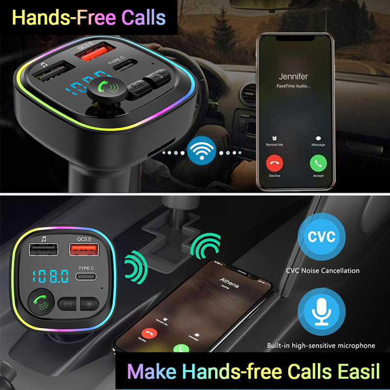 Qc3.0 Fast Charging Wireless Handsfree Car Kit Stereo Bass Fm Modulator Transmitter Car FM Transmitter Type C Car Mp3 Player