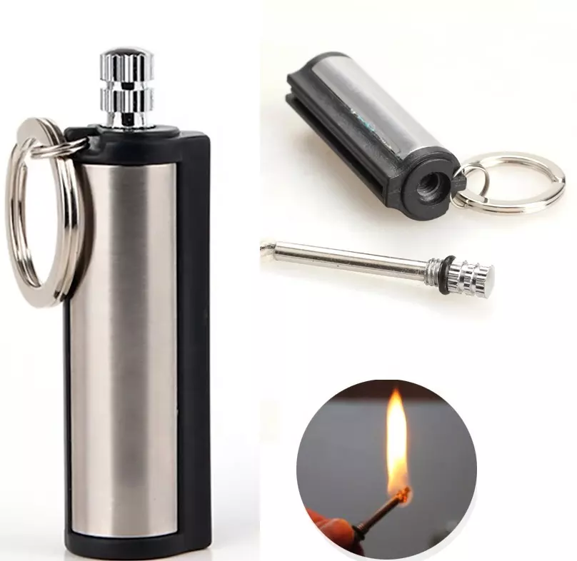 Outdoor Portable Fire Starter Flint Striker,Stainless Steel Camping Keychain Lighter,Survival Permanent Cylindrical Match