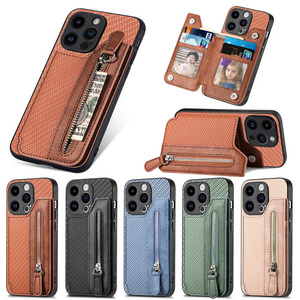 For iPhone 15 Pro Max Wallet Case with Credit Card Holder Zipper, PU Leather Magnetic Clasp Flip Folio Stand Cover For iPhone 15