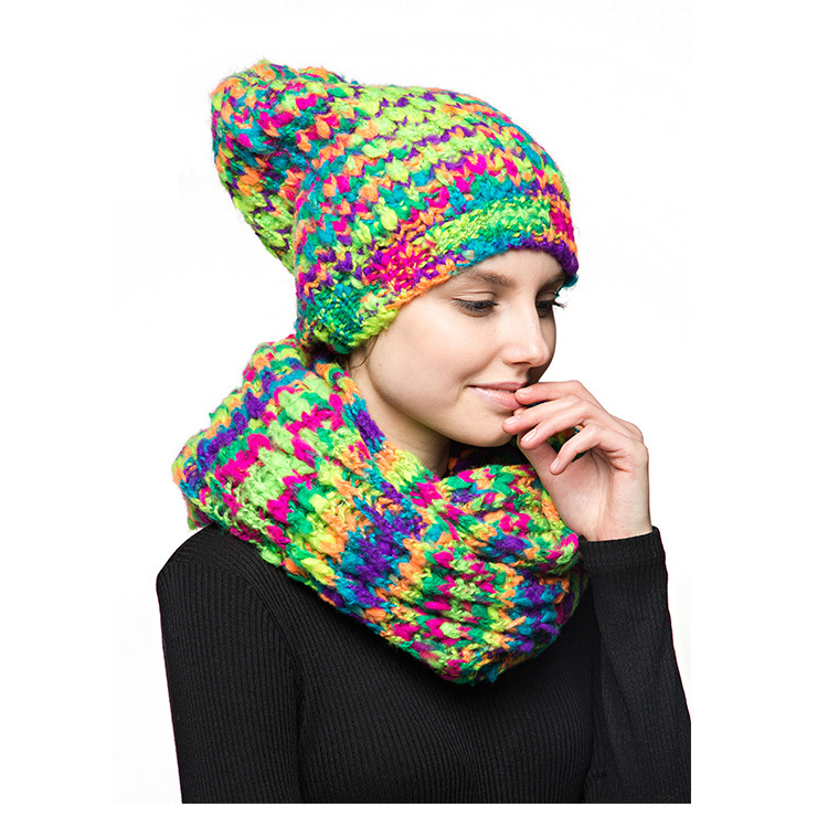 Rainbow New Style top level multi outstanding Lady Winter Women Warm Beanie Hat Scarf Set