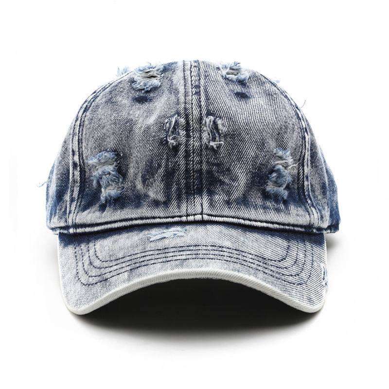 Hats With Custom Logo Ripped Jeans Vintage Baseball Cap Blue Denim Washed Distressed Dad Hat