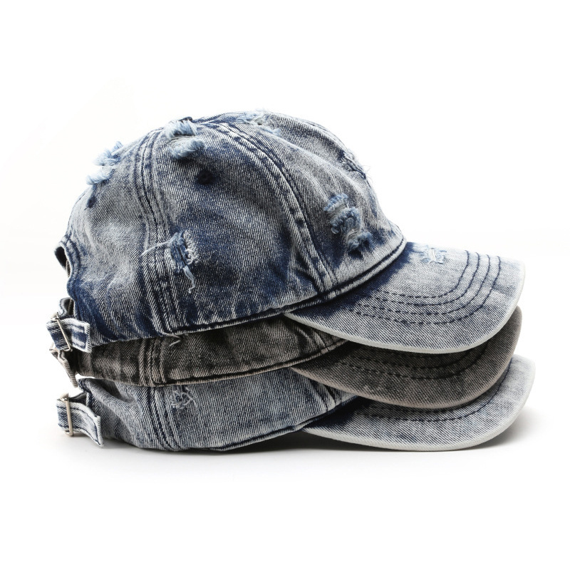 Hats With Custom Logo Ripped Jeans Vintage Baseball Cap Blue Denim Washed Distressed Dad Hat