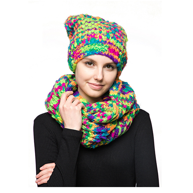 Rainbow New Style top level multi outstanding Lady Winter Women Warm Beanie Hat Scarf Set