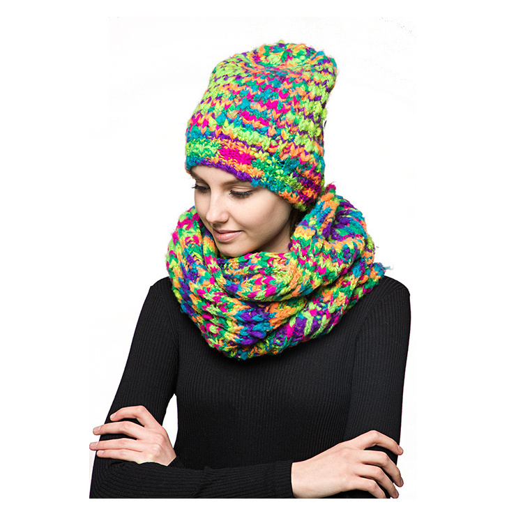 Rainbow New Style top level multi outstanding Lady Winter Women Warm Beanie Hat Scarf Set