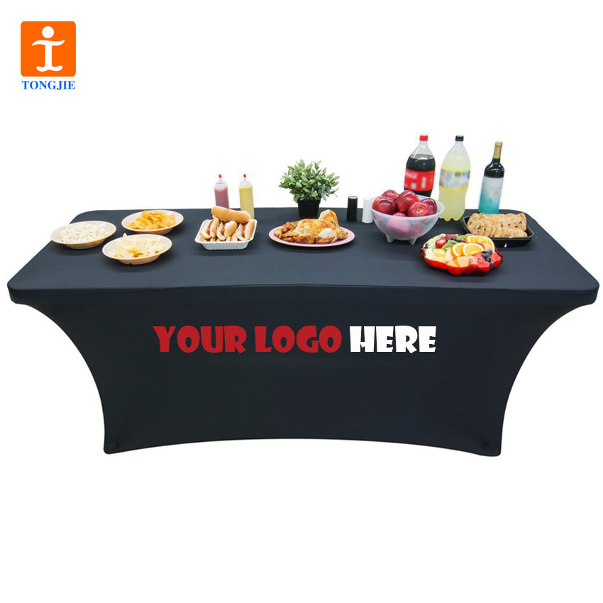 With your logo Black Spandex 8 ft TABLE CLOTHS/ Fitted Tablecloth Cover, Rectangular 8 Foot 96x30x30 Inches Table Cover