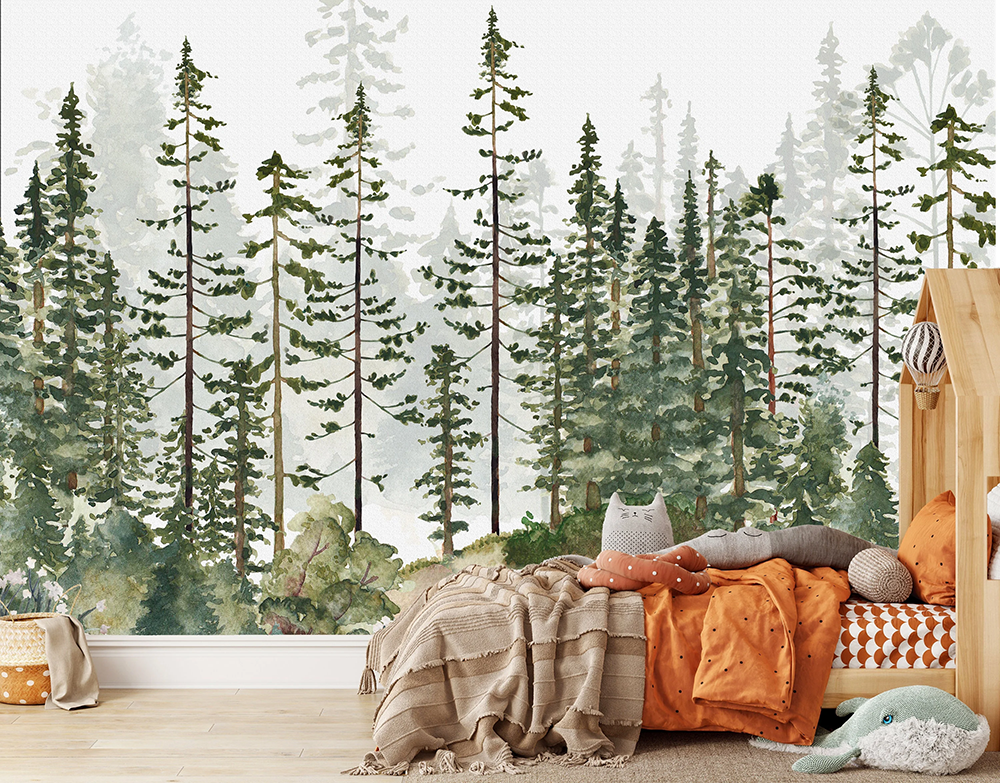 Green Cartoon Pine Forest Nursery Fabric Wallpaper Kids Bedroom Living Room Woodland Plant Large Wall Mural wallpaper