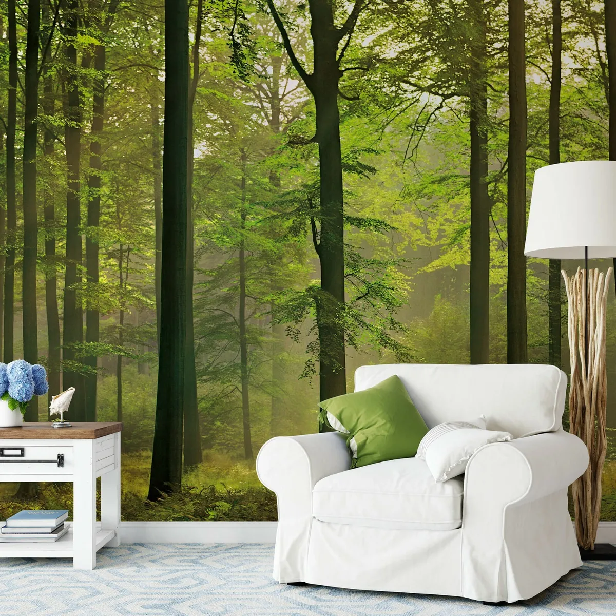 Foggy Forest Woodland Wallpaper Green Nature Landscapes Wall Murals Wallpaper for Bedroom Living Room