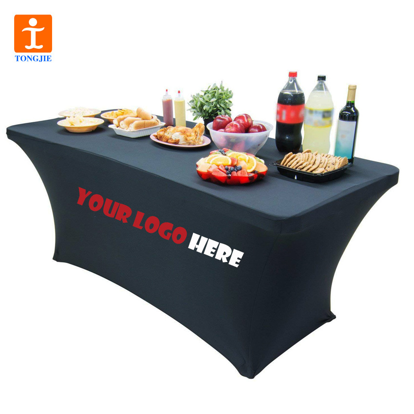 With your logo Black Spandex 8 ft TABLE CLOTHS/ Fitted Tablecloth Cover, Rectangular 8 Foot 96x30x30 Inches Table Cover