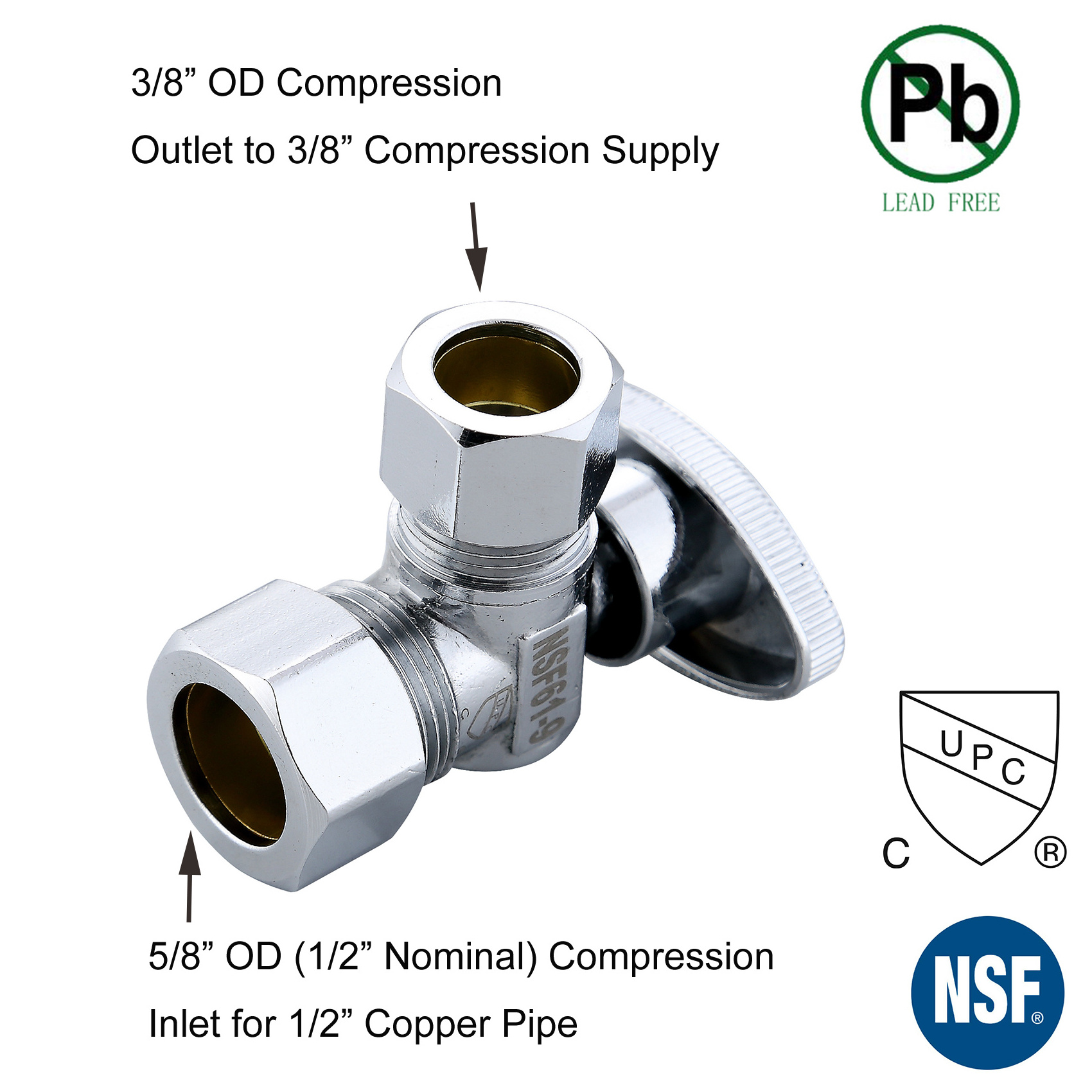 Angle Stop Shut off Valve 1/4 Turn 5/8 OD (1/2 Nominal) Inlet X 3/8 OD Outlet Chrome Plated Brass UPC NSF AB1953 Approved