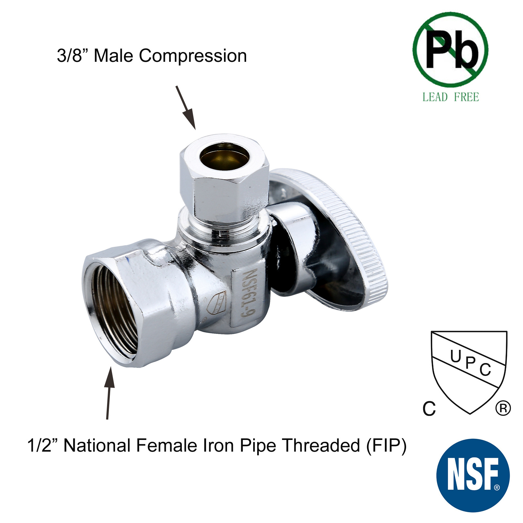 Angle Stop Shut off Valve 1/4 Turn 1/2 inch FIP Inlet X 3/8 inch OD Outlet No Lead Brass Chromed CUPC NSF AB1953 Approved