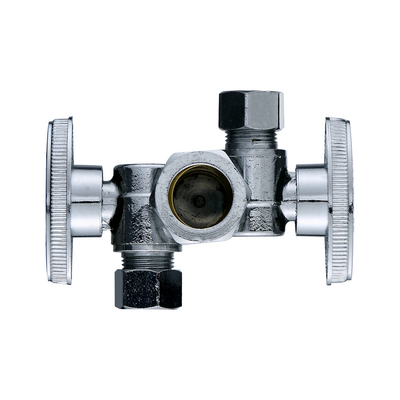 Dual Outlet 3 way Angle Stop Valve 1/2" Nominal (5/8" OD) Comp x 3/8"Com x 3/8"Comp 1/4 Quarter Turn Brass Shut off Valve