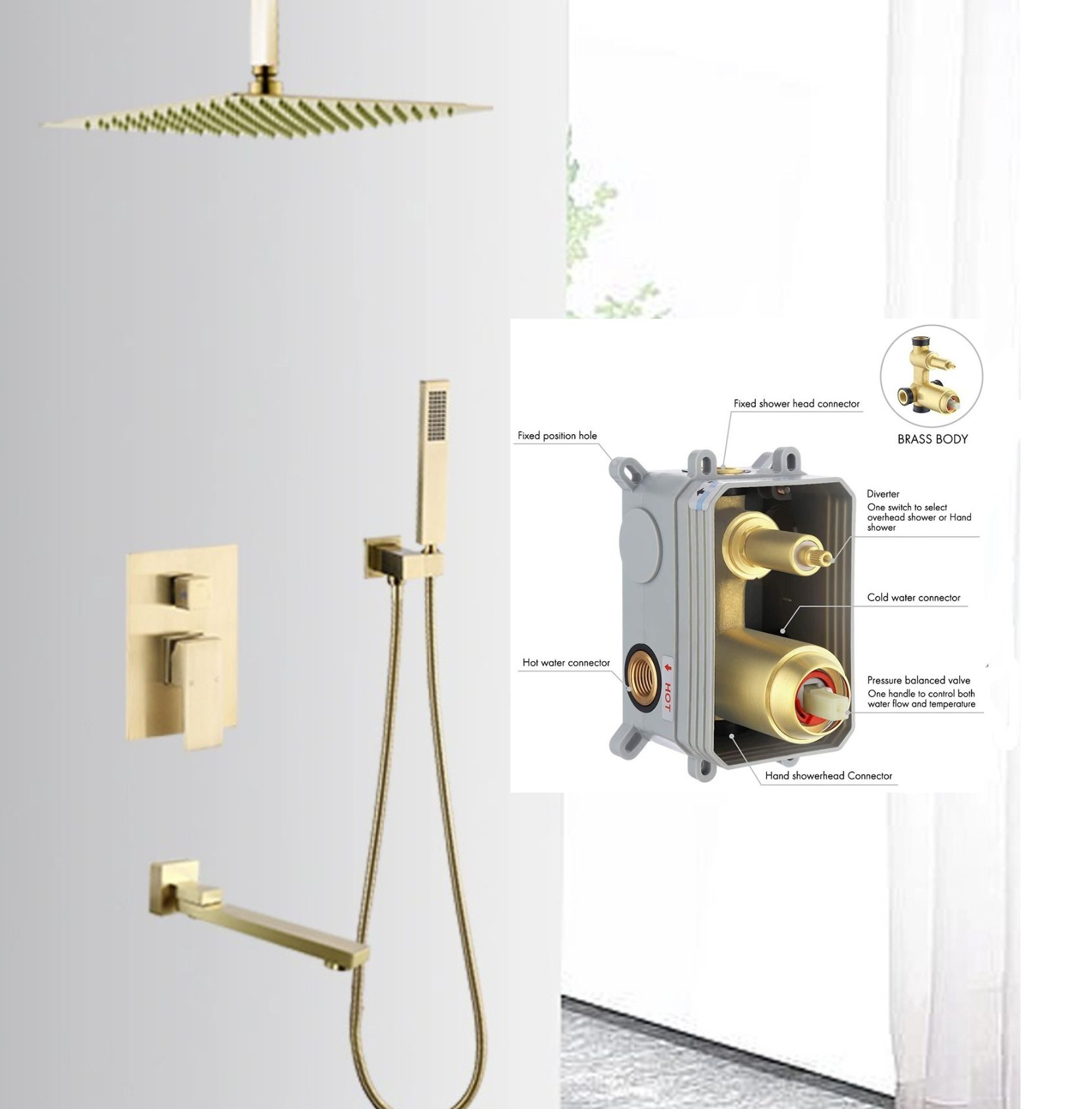 Copper square concealed wall mounted shower set with three function embedded shower faucet