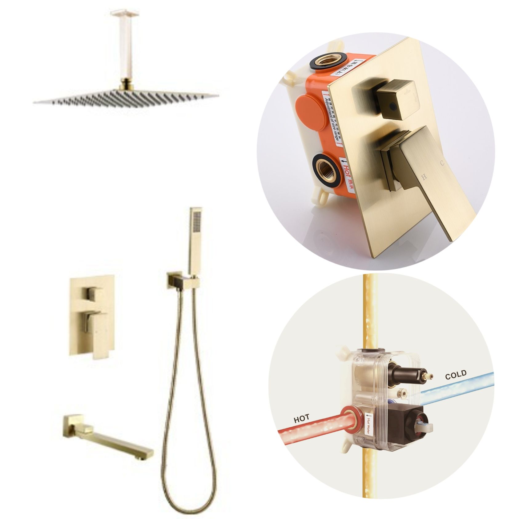 Copper square concealed wall mounted shower set with three function embedded shower faucet