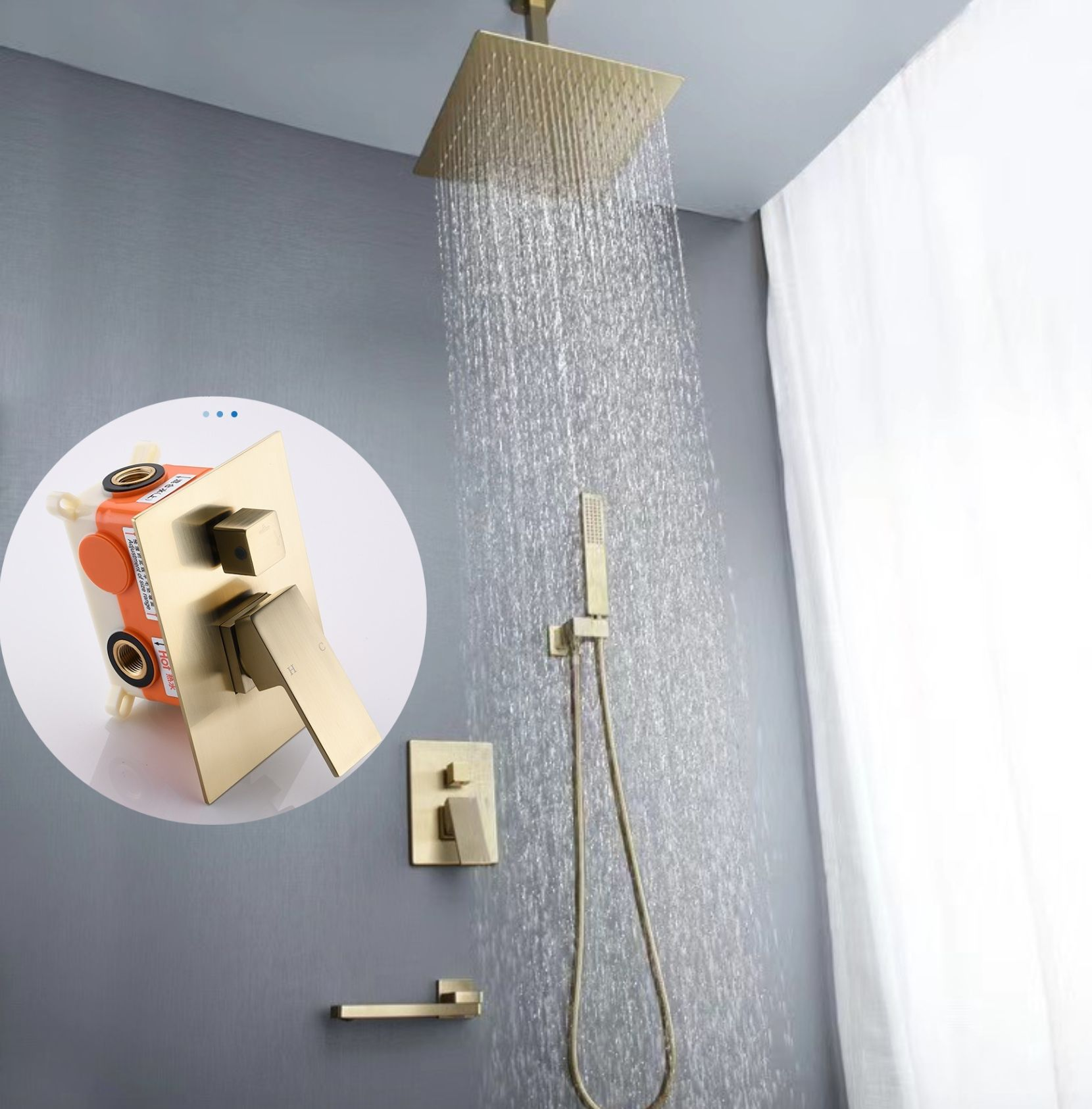 Copper square concealed wall mounted shower set with three function embedded shower faucet