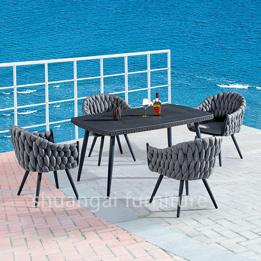 Dark Grey Luxury Rattan Patio Outdoor Furniture Garden Sets 7 Seat Lounge Sofa Set With Square Fire Pit Low Dining Table