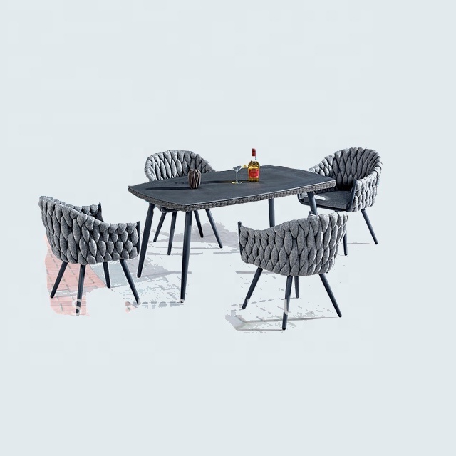 Dark Grey Luxury Rattan Patio Outdoor Furniture Garden Sets 7 Seat Lounge Sofa Set With Square Fire Pit Low Dining Table