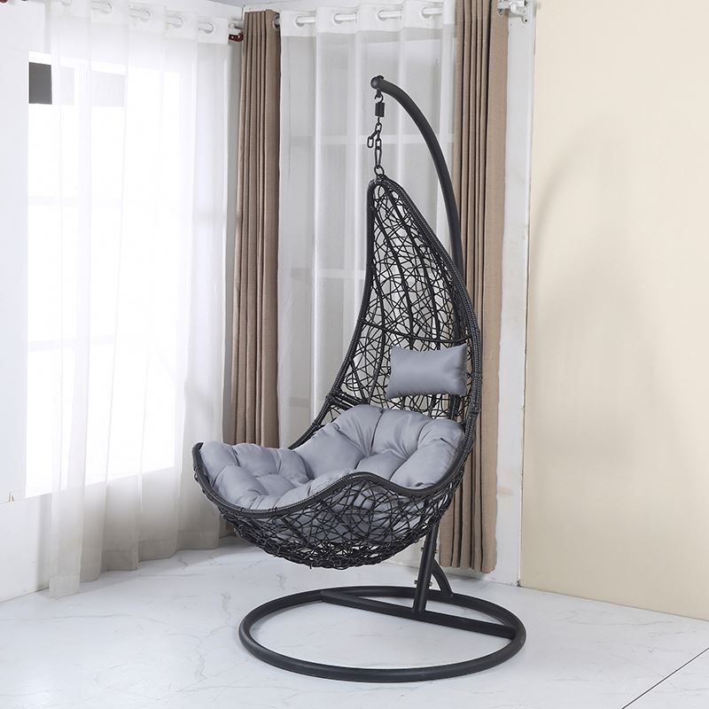 Plastic PE rattan gold leg frame iron metal Basket cushion seat egg Hanging chair rope patio hammock swing chair with fringe