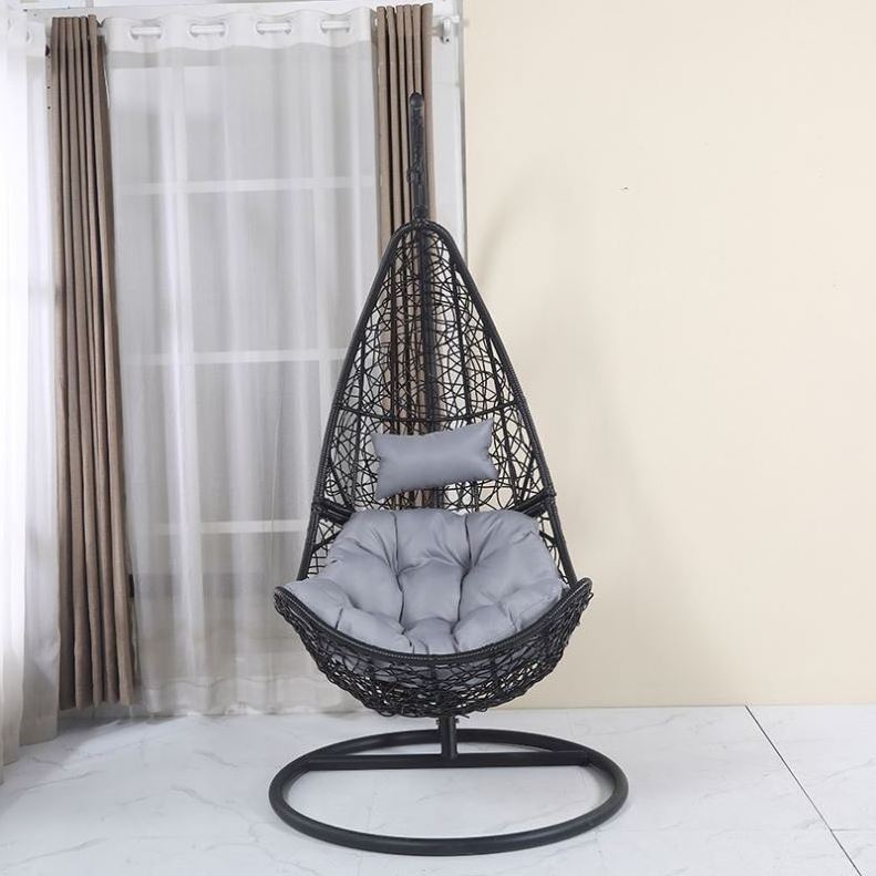 Plastic PE rattan gold leg frame iron metal Basket cushion seat egg Hanging chair rope patio hammock swing chair with fringe