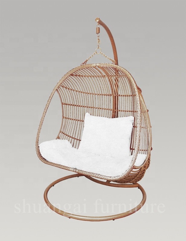 Plastic PE rattan gold leg frame iron metal Basket cushion seat Hanging Patio Swings chairrattan swing egg chairegg chair swing