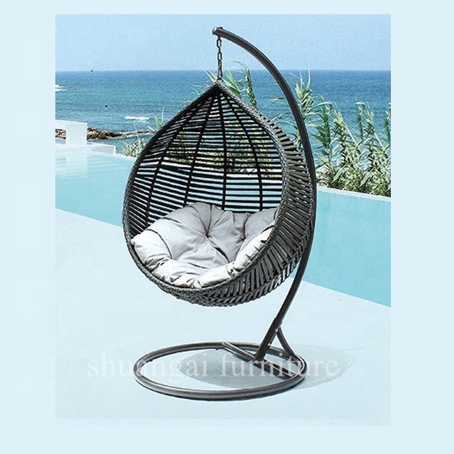 Plastic PE rattan gold leg frame iron metal Basket cushion seat Hanging Patio Swings chairrattan swing egg chairegg chair swing