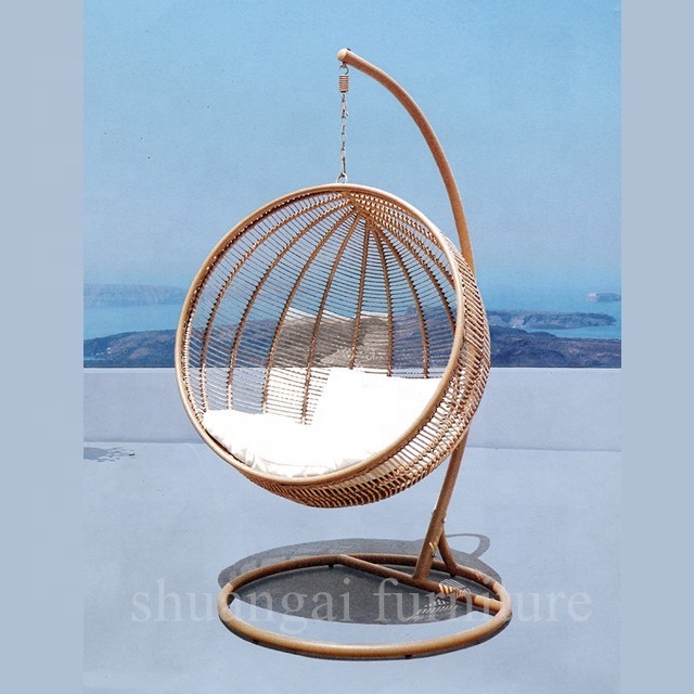 Plastic PE rattan gold leg frame iron metal Basket cushion seat Hanging Patio Swings chairrattan swing egg chairegg chair swing