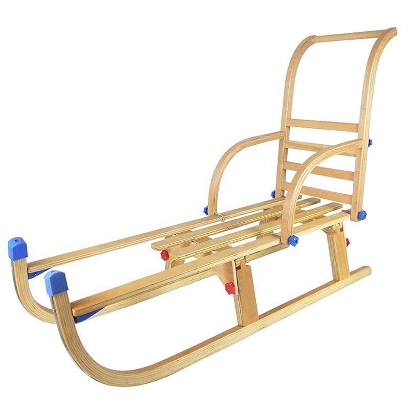 New Arrival Kid's Outdoor Folding Snow Wooden Sledge Sled with Push bar Backrest